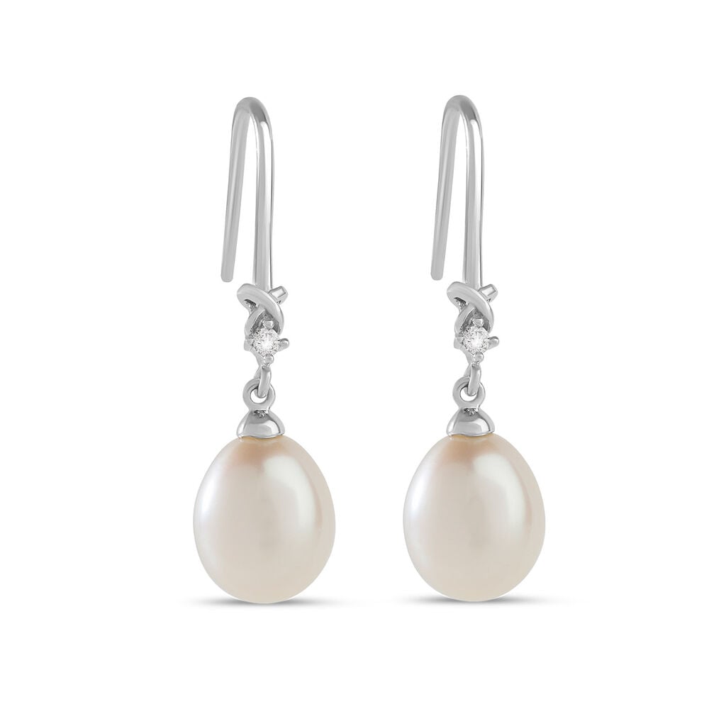9ct White Gold 0.03ct Diamond Set Cultured Pearl Drop Hook Earrings image number 0