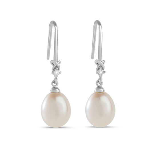 9ct White Gold 0.03ct Diamond Set Cultured Pearl Drop Hook Earrings