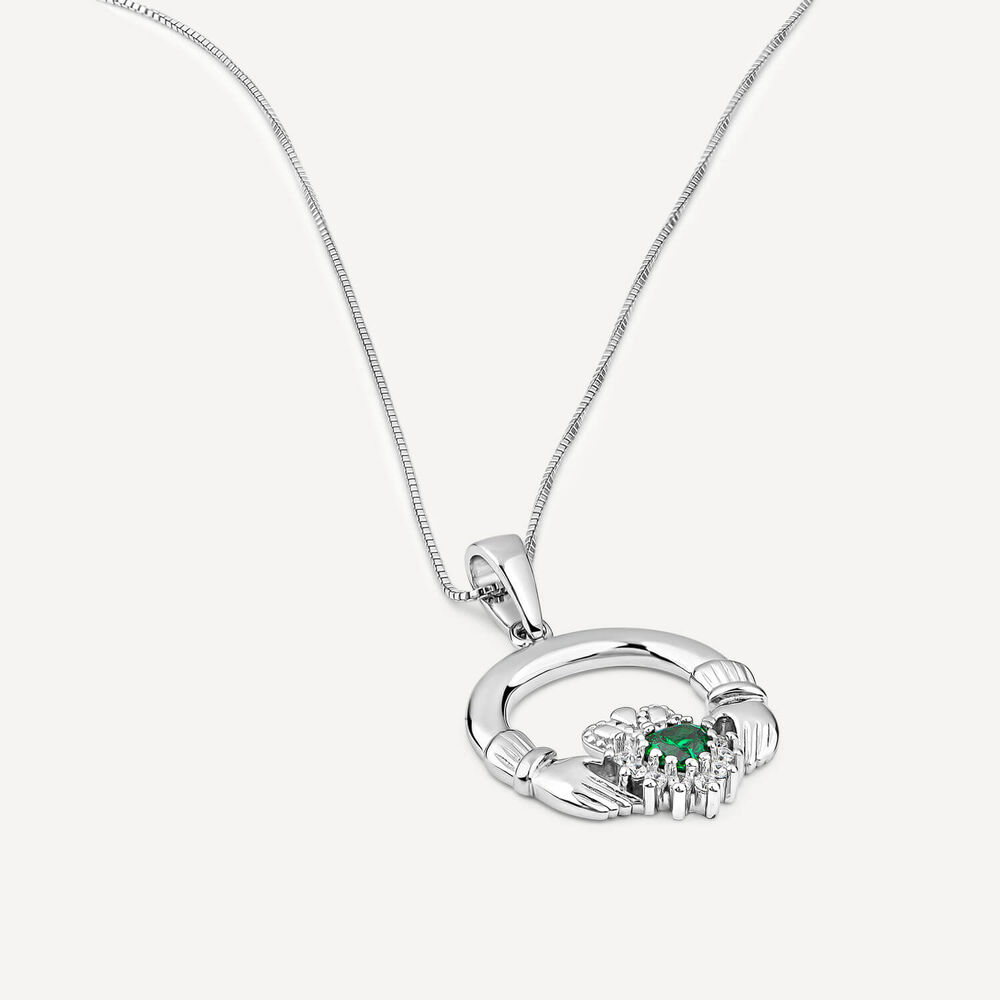 Sterling Silver Cubic Zirconia & Green Crystal Claddagh Pendant image number 3