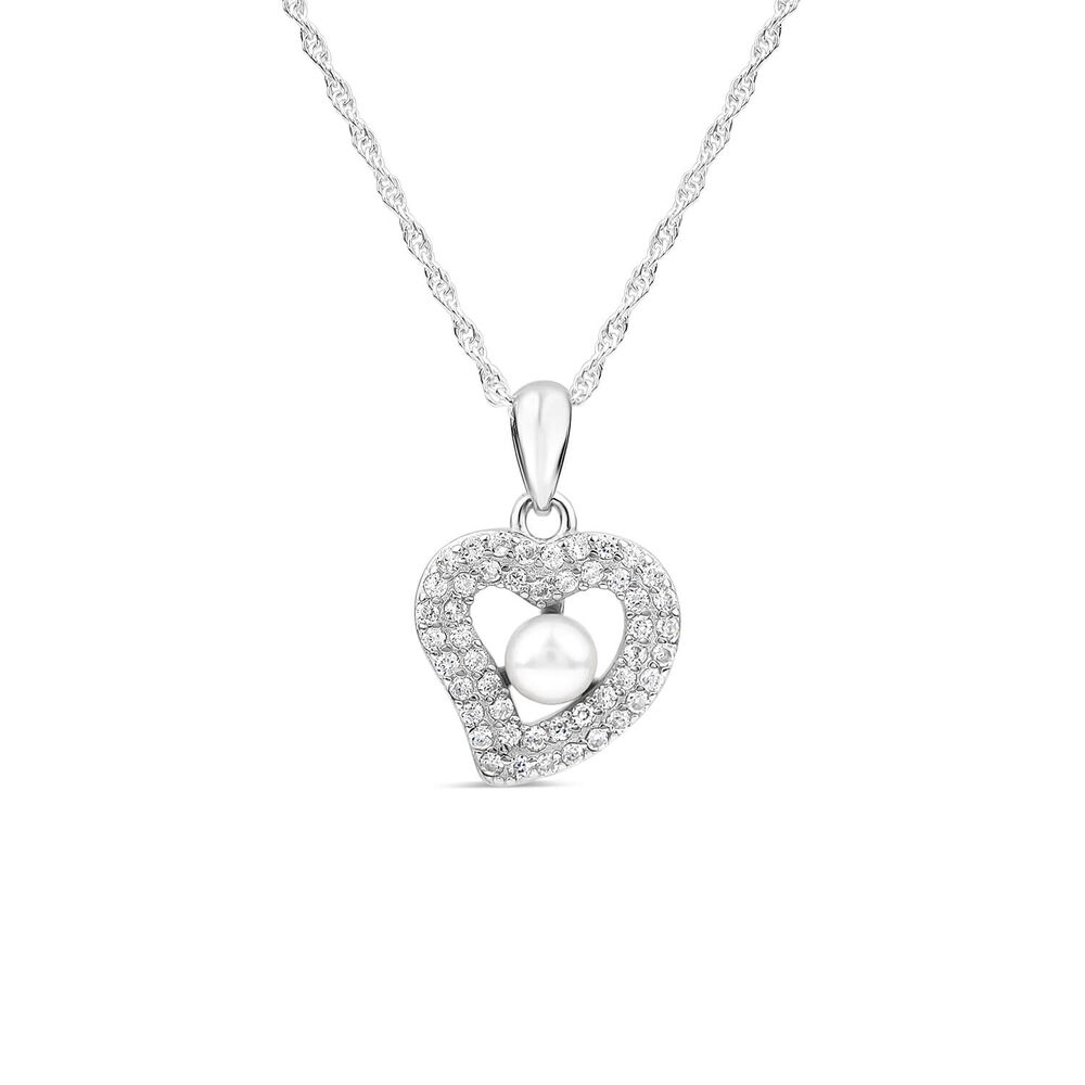 Sterling Silver Freshwater Pearl & Cubic Zirconia Heart Pendant image number 0