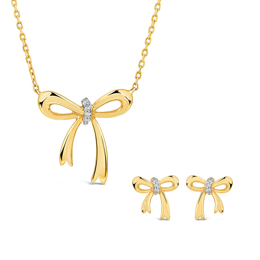 9ct Yellow Gold Diamond Bow Necklet & Stud Earring Set image number 0