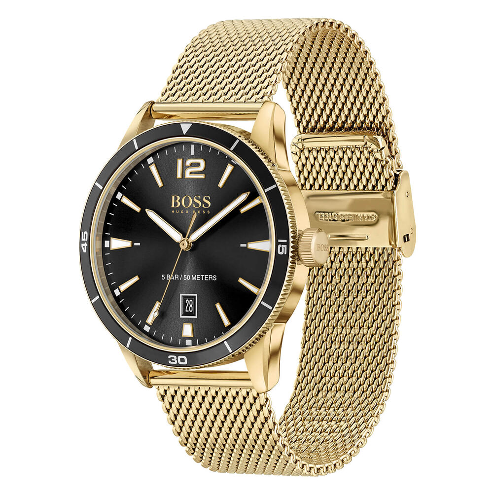 BOSS Drifter 42mm Black Dial Blue Bezel Yellow Gold PVD Case Mesh Bracelet Watch