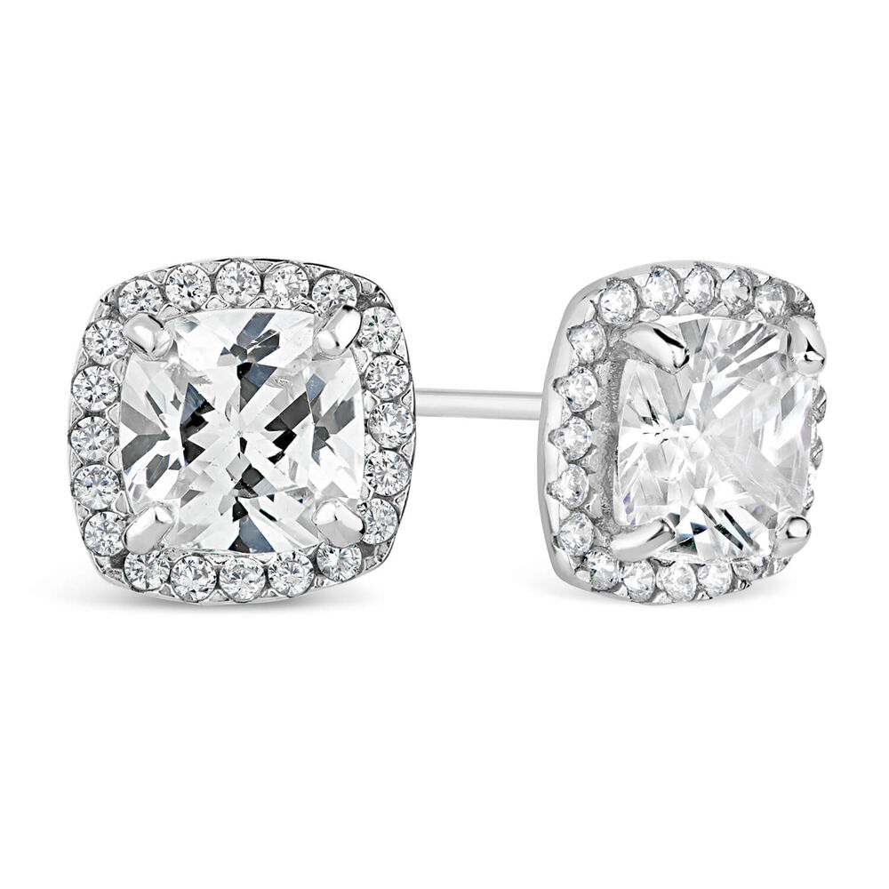 9ct White Gold Cushion Cubic Zirconia Cluster Stud Earrings image number 3