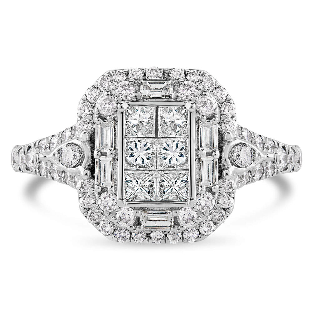 Kathy De Stafford 18ct White Gold 'Saffron' Rectangular Princess & Baguette Halo Shoulders Ring