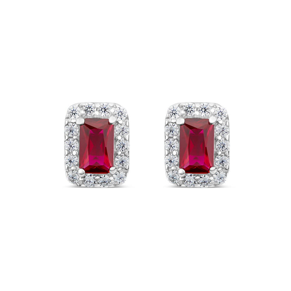 9ct White Gold Rectangular Created Ruby & Cubic Zirconia Frame Stud Earrings
