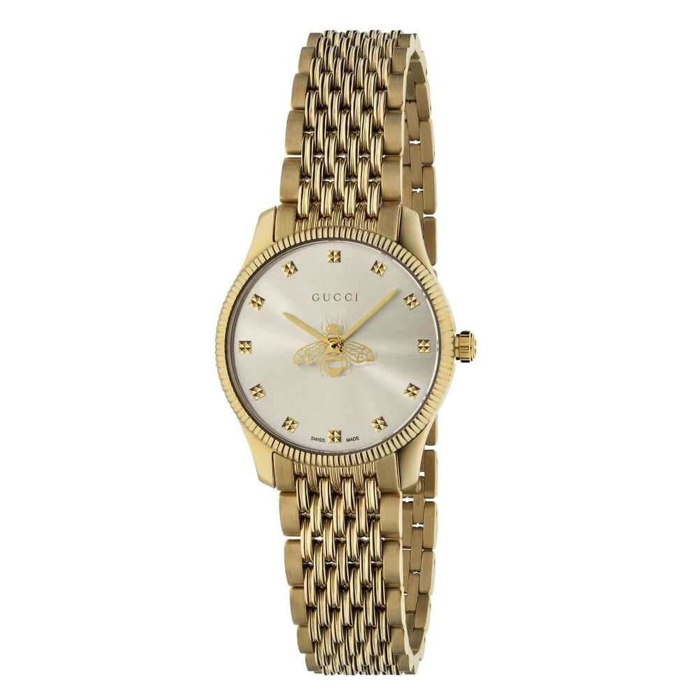 Gucci Timeless 29mm Silver Dial Bee Detail Yellow Gold PVD Case Bracelet Watch