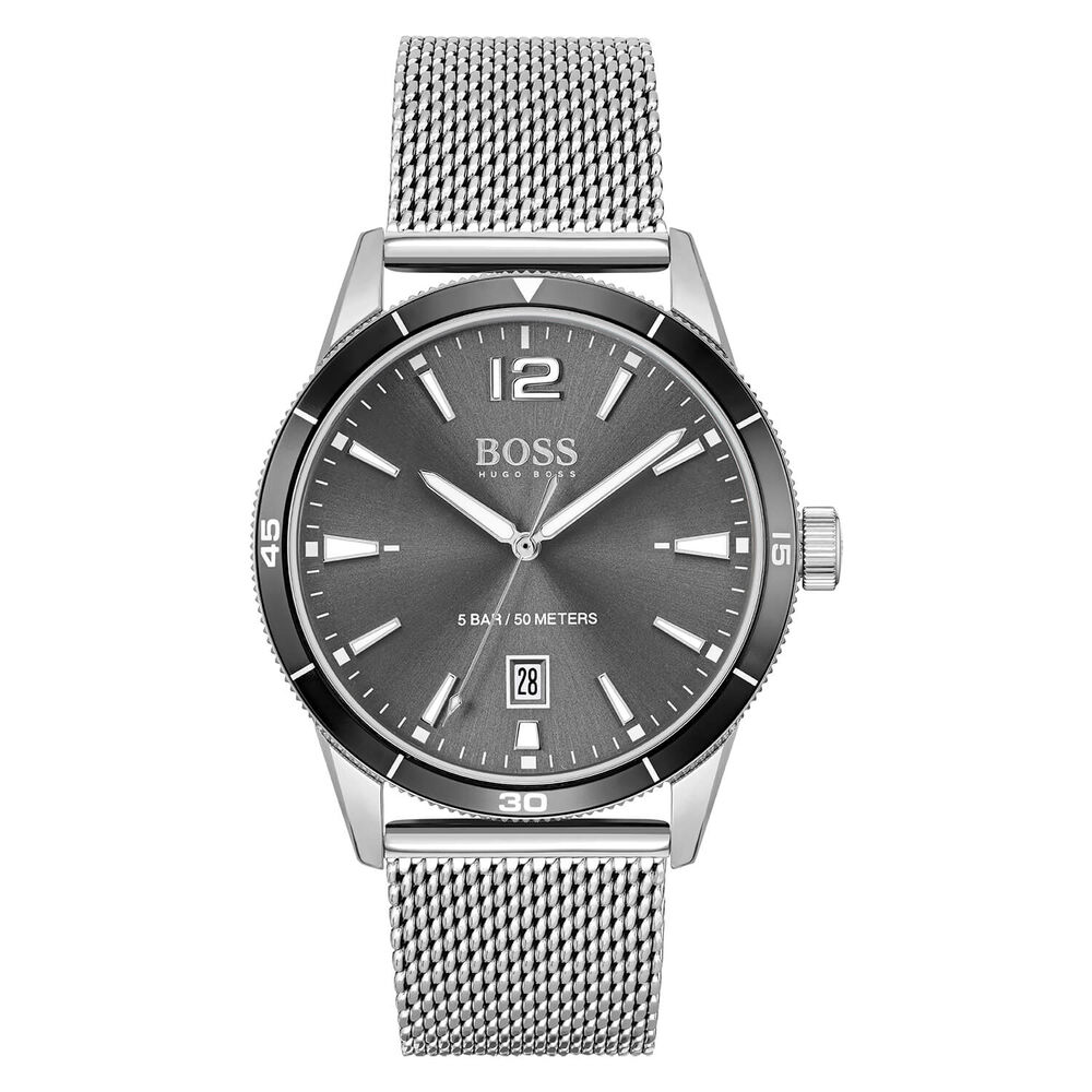 BOSS Drifter 42mm Gray Dial Black Bezel Steel Case Mesh Bracelet Watch
