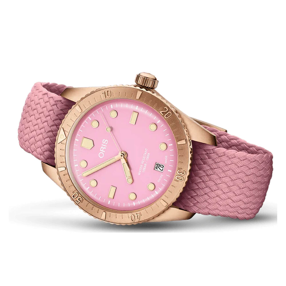 Oris Divers Sixty-Five 38mm Pink Dial Perlon Strap Watch
