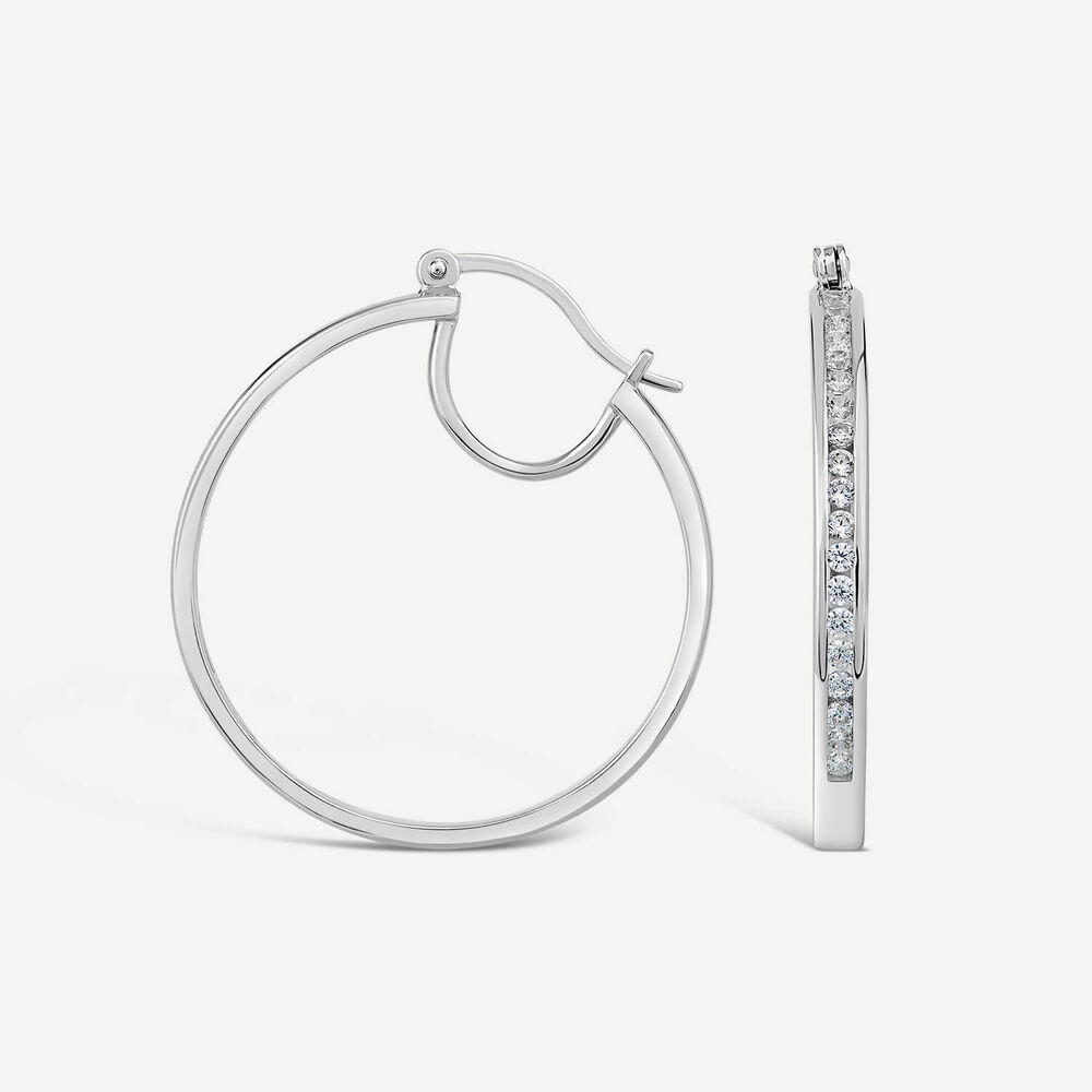 Sterling Silver Half chain Cubic Zirconia Half Polished Hoop Earrings image number 1