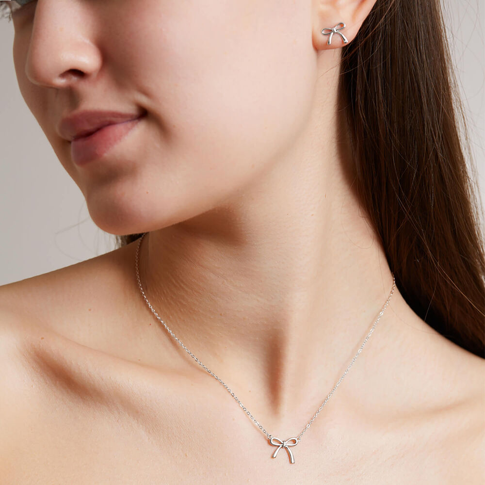 Sterling Silver Diamond Bow Necklet & Stud Earring Set image number 9