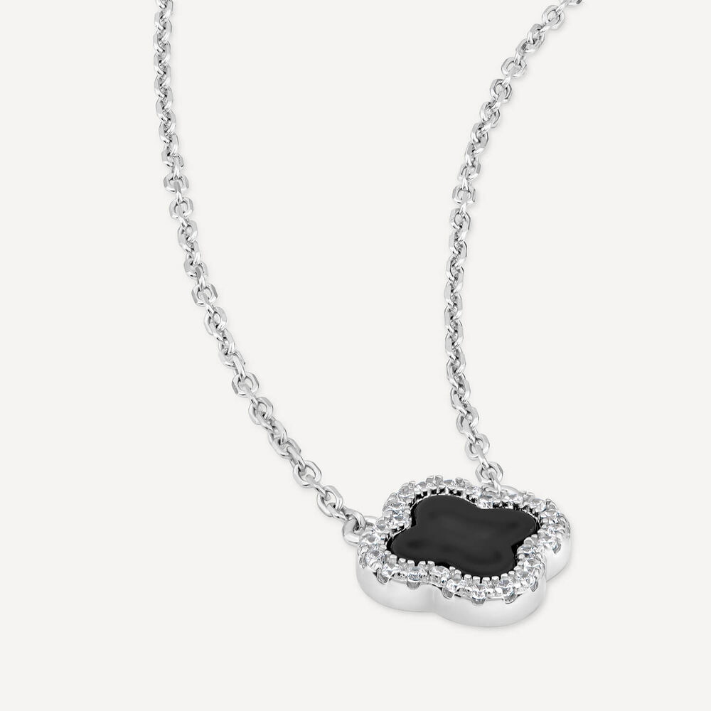 Sterling Silver Black Centre Cubic Zirconia Set Clover Petal Necklet image number 2