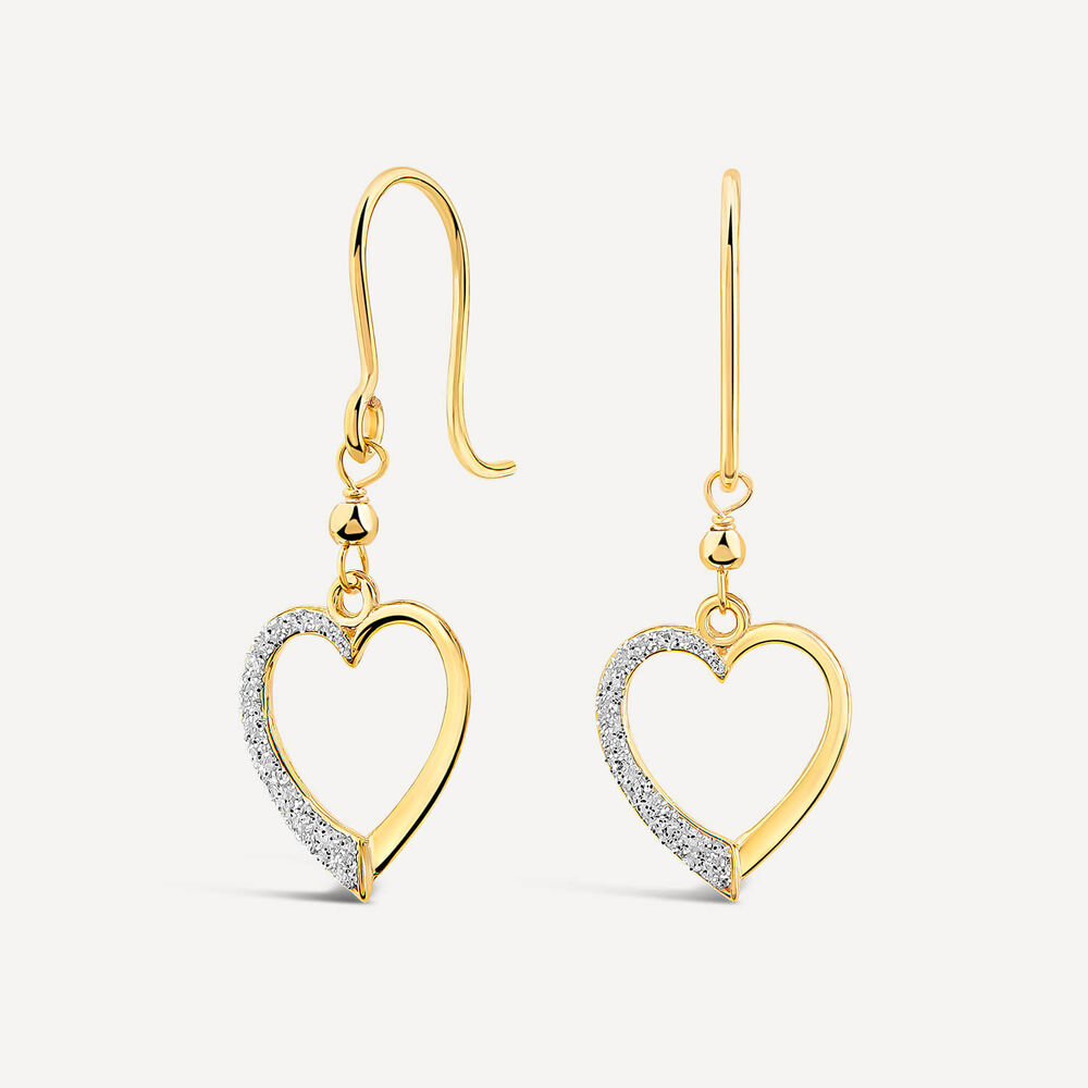 9ct Yellow Gold Half Glitter & Polished Heart Drop Earrings