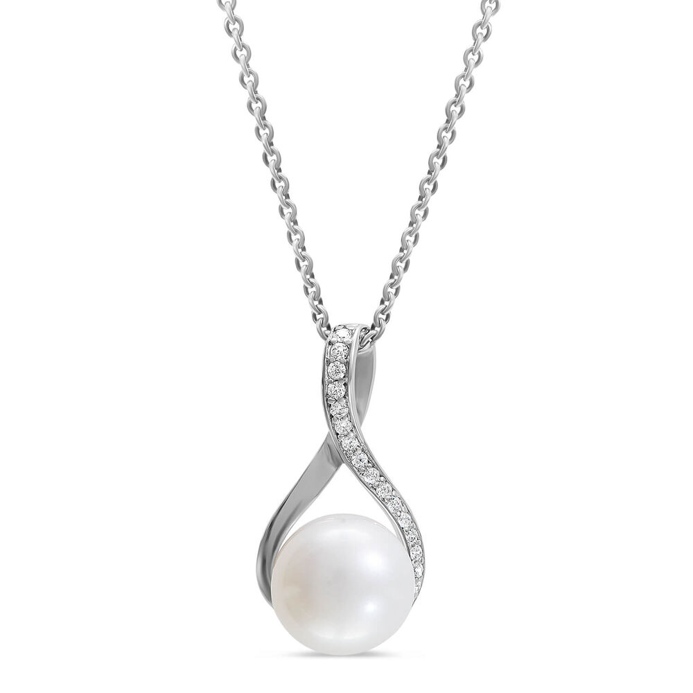 Ladies Silver Cubic Zirconia & Freshwater Pearl Twist Top Drop Necklace (Chain Included) image number 0