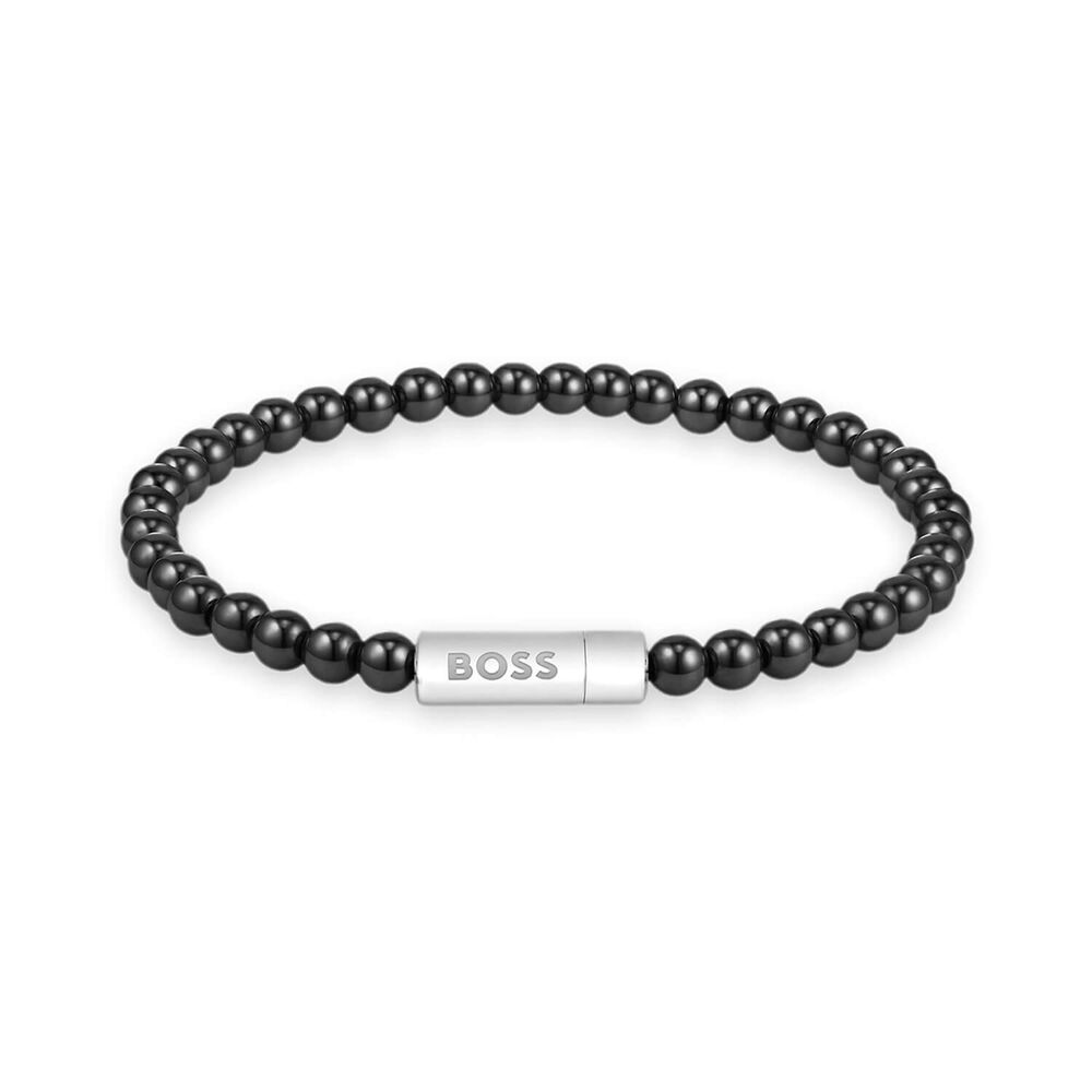BOSS Black Sphere Beads Silver Tone Steel Plate Bracelet