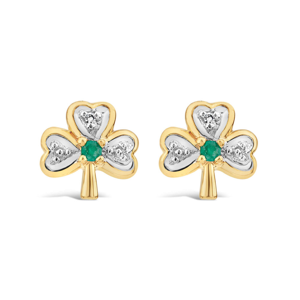 14ct Yellow Gold Diamond & Emerald Shamrock Stud Earrings