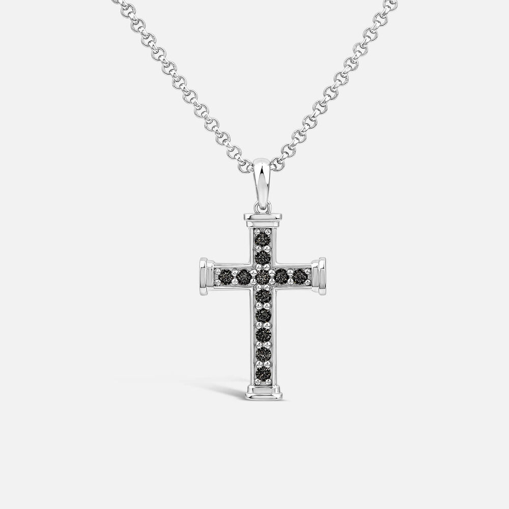Sterling Silver Black Cubic Zirconia Cross Belcher Chain Pendant