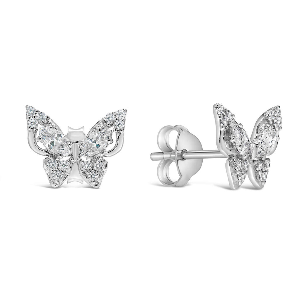 Sterling Silver Cubic Zirconia Setting Butterfly Studs image number 1
