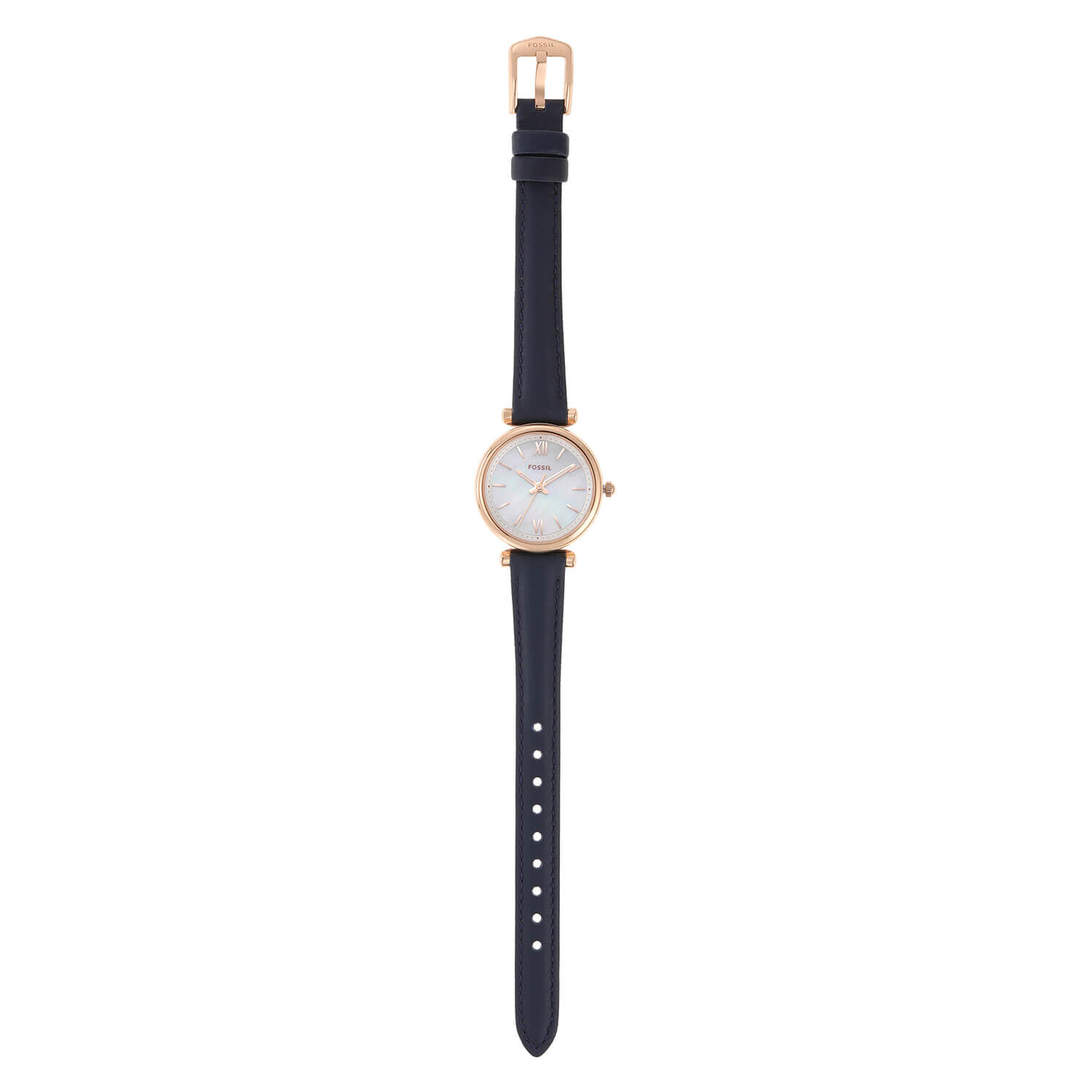 Fossil Carlie 28mm Rose Gold Steel Blue Leather Strap Watch