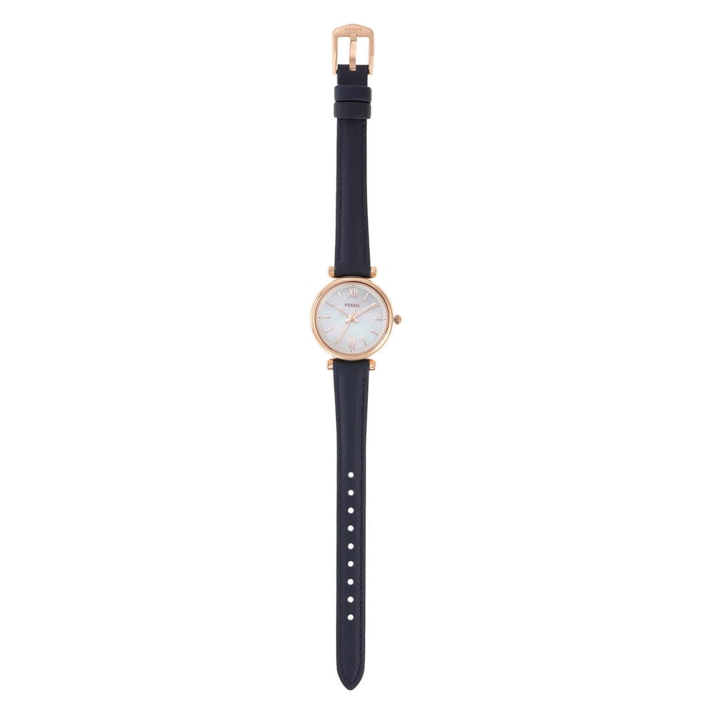 Fossil Carlie 28mm Mother of Pearl Dial Rose Gold IP & Steel Case Blue Leather Strap Watch image number 0