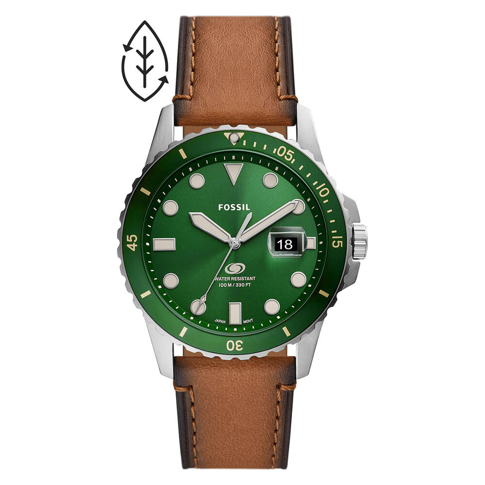 Fossil Blue 42mm Green Dial Tan Leather Strap Watch