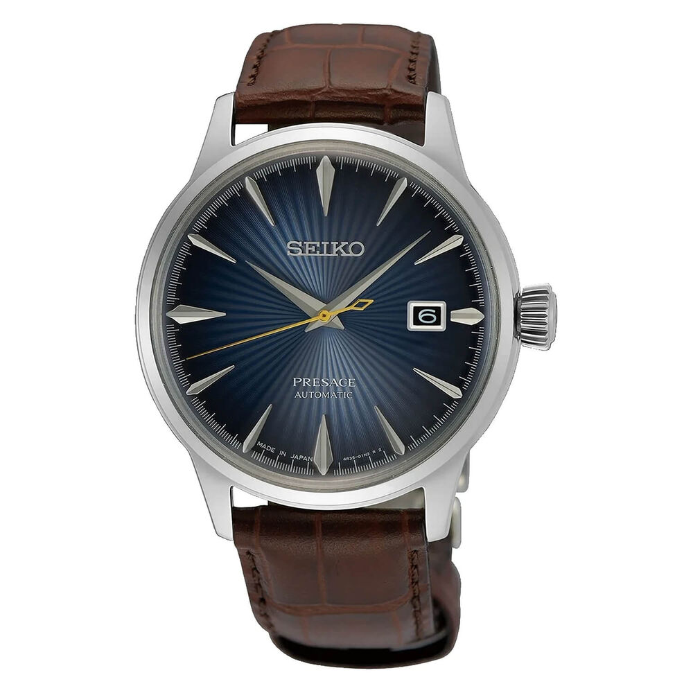 Seiko Presage Cocktail Time "Blue Moon" 40.5mm Blue Dial Brown Strap Watch