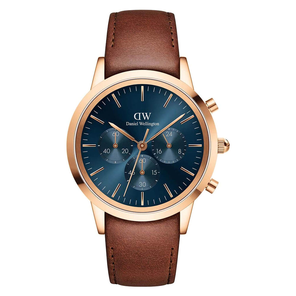 Daniel Wellington Iconic Chronograph 42mm Arctic Blue Dial Brown Strap Watch