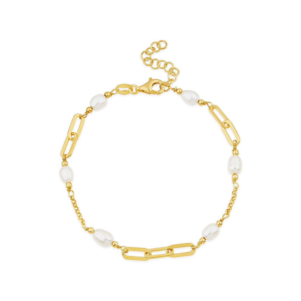 Yellow Gold Plated Sterling Silver Stationed Pearl Paperlink Bracelet image number 0