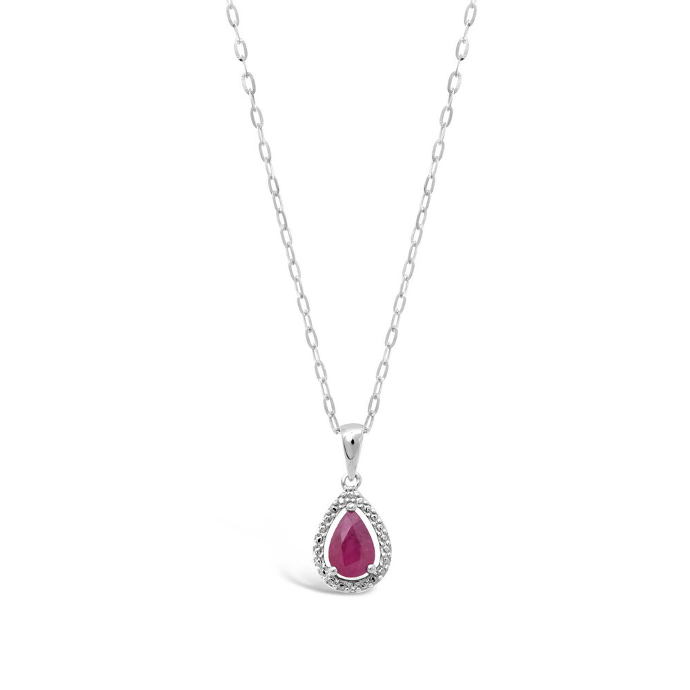 9ct White Gold Pear Created Ruby and Diamond Cluster Pendant
