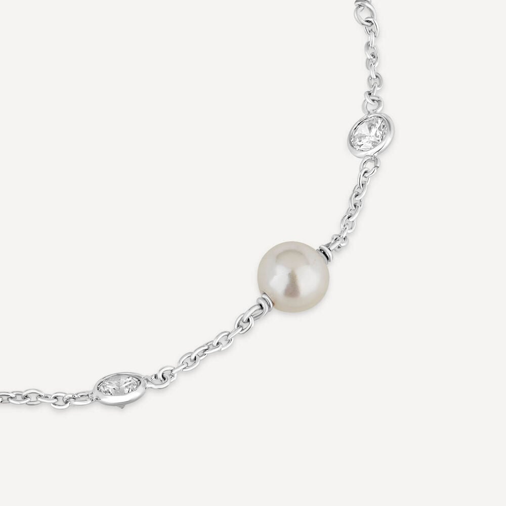 Sterling Silver Pearl and Round Over Cubic Zirconia Chain Bracelet