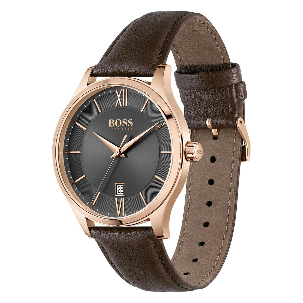 BOSS Elite 41mm Gray Dial Rose Gold IP Case Brown Strap Watch