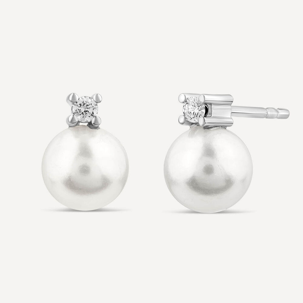 9ct White Gold Cultured Pearl & 0.07ct Diamond Top Set Stud Earrings image number 1
