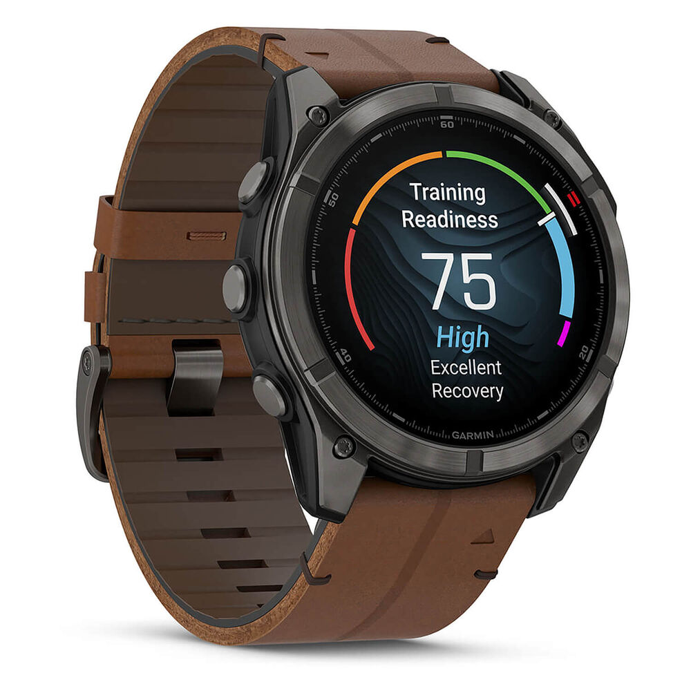 Garmin fenix 8 Pro AMOLED 51mm Carbon Grey DLC Titanium Case Brown Leather Strap Watch image number 2