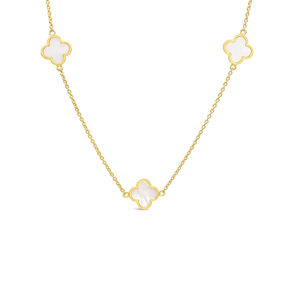 Yellow Gold Plated Sterling Silver Mother of Pearl 5 Clover Petal Necklet image number 0