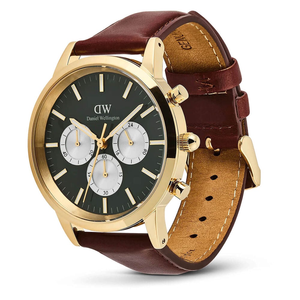 Daniel Wellington Iconic Chronograph St Mawes 42mm Emerald Panda Dial Brown Leather Strap Watch image number 2