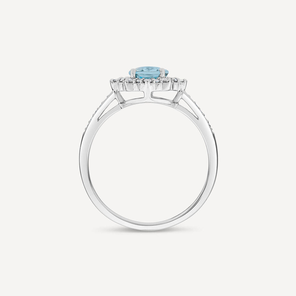 9ct White Gold 0.19ct Oval Aquamarine & Diamond Star Halo Ring image number 3