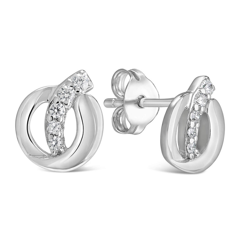 Ladies Sterling Silver Circle with Cubic Zirconia Tail Stud Earrings