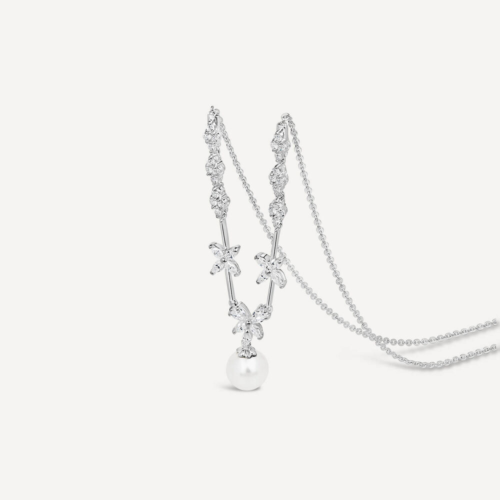 Sterling Silver Cubic Zirconia Flower and Cubic Zirconia Cluster Pearl Drop Necklet image number 1