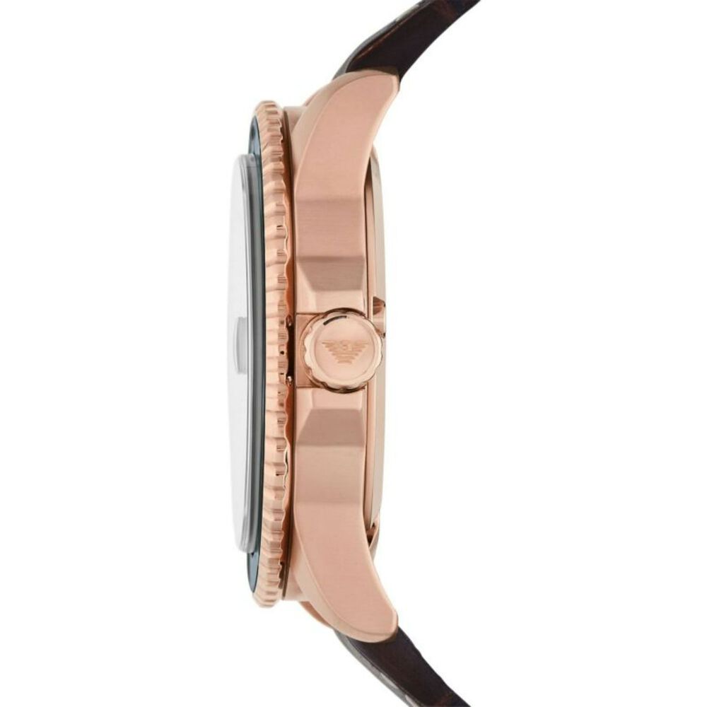 Emporio Armani Diver 42mm Blue Dial Rose Gold IP Case Brown Strap Watch image number 2