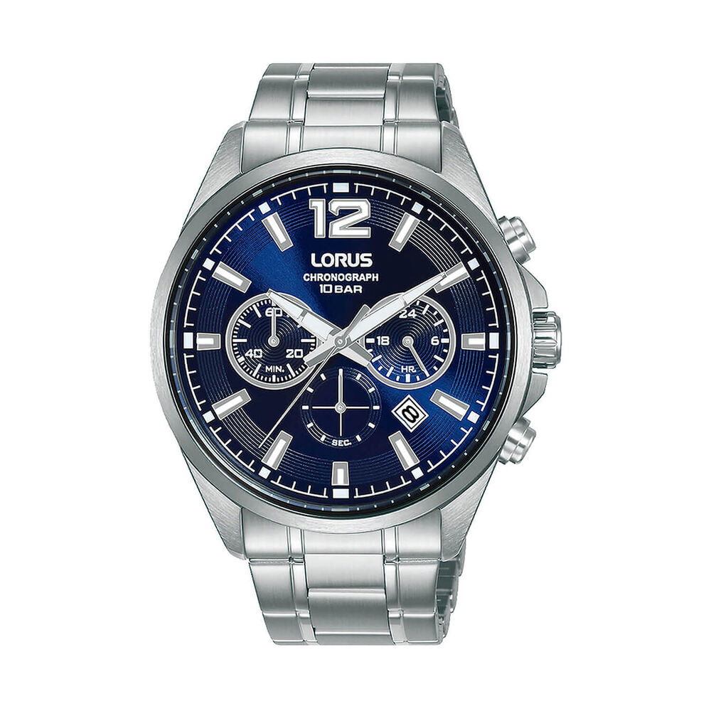 Lorus Quartz Chronograph 43mm Dark Blue Sunray Dial Steel Bracelet Watch image number 0