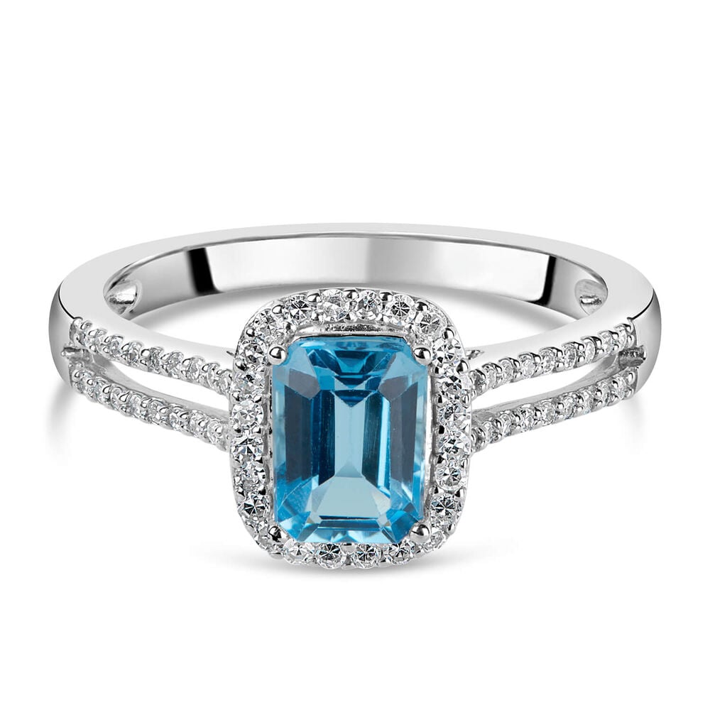 9ct White Gold 0.20ct Diamond and Blue Topaz Emerald Halo Ring image number 4