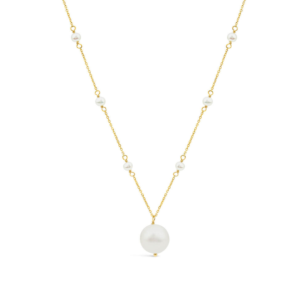 9ct Yellow Gold Pearl Station Chain & Pearl Drop Pendant Necklet image number 0