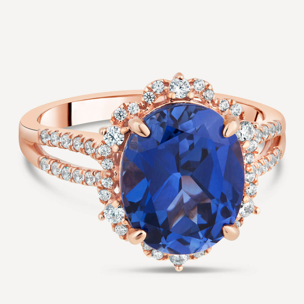 9ct Rose Gold Large Oval Created Sapphire Diamond Surrounding & Shoulders 0.29ct Ring image number 2