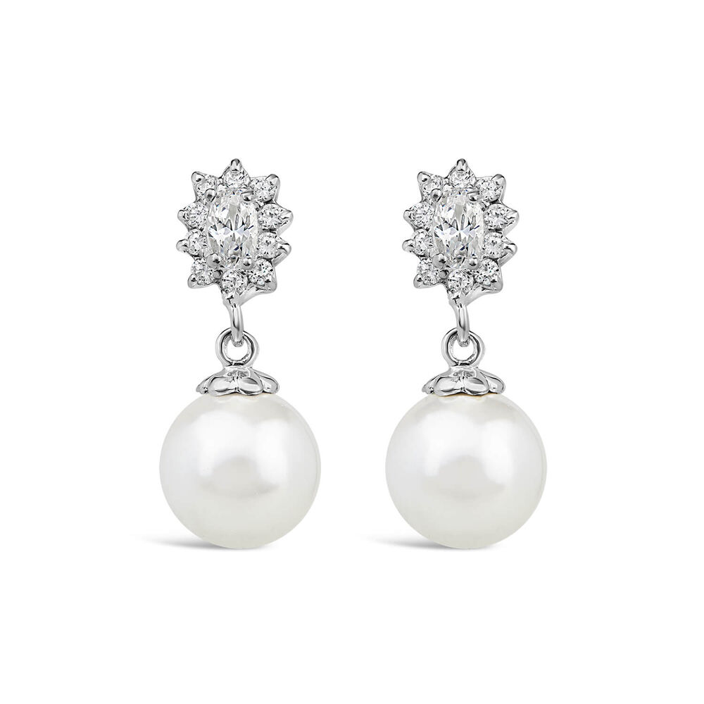 Sterling Silver Marquis Cluster Pearl Drop Earrings