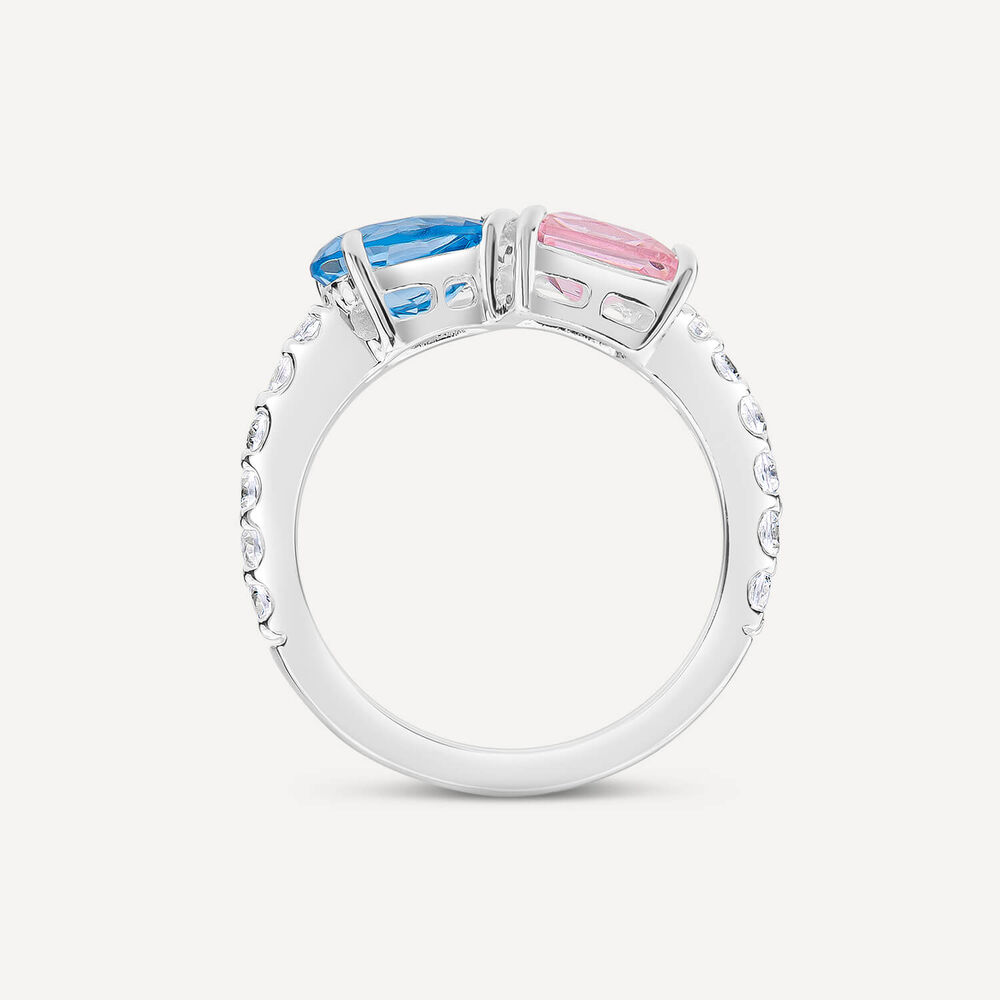 Sterling Silver Pear & Emerald Cut Blue & Pink Cubic Zirconia Toi Et Moi Shoulders Ring image number 3