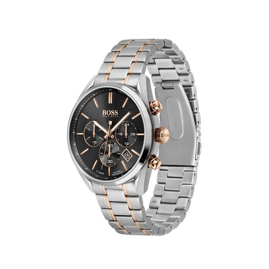 Hugo Boss Champion 44mm Black Dial Rose Gold Indeks Rose Gold IP Bracelet Watch