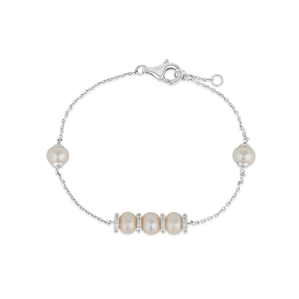 Sterling Silver Three Centered Pearl and Cubic Zirconia Chain Bracelet