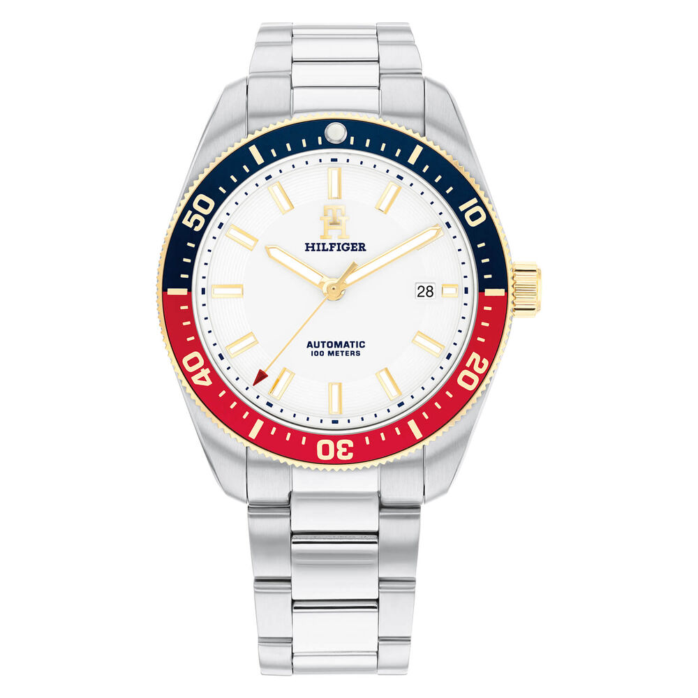 Tommy Hilfiger 40mm White Dial Red & Blue Bezel Steel Bracelet Watch