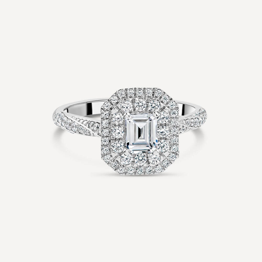 18ct White Gold 1.00ct Diamond Emerald Cut Centre Double Halo & Shoulders Ring image number 2