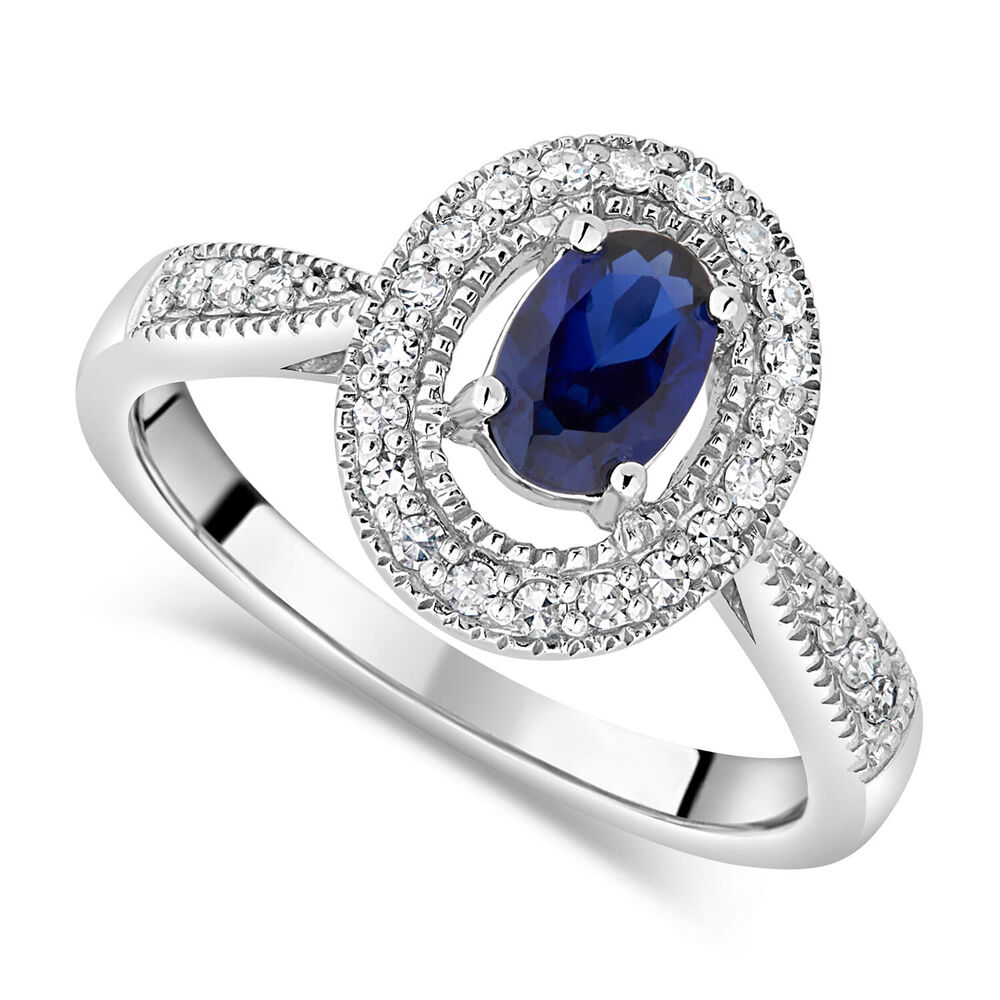 9ct White Gold Claw & Pave 0.17ct Diamond & Created Sapphire Halo Ladies Ring