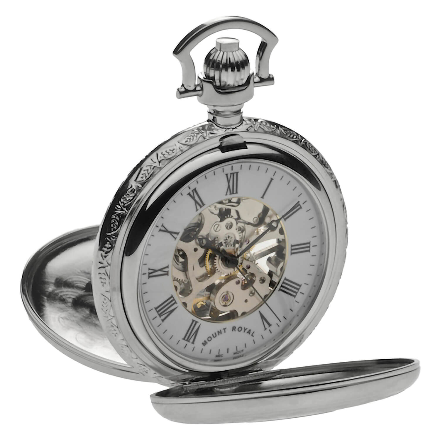 Mount royal double outlet hunter skeleton pocket watch